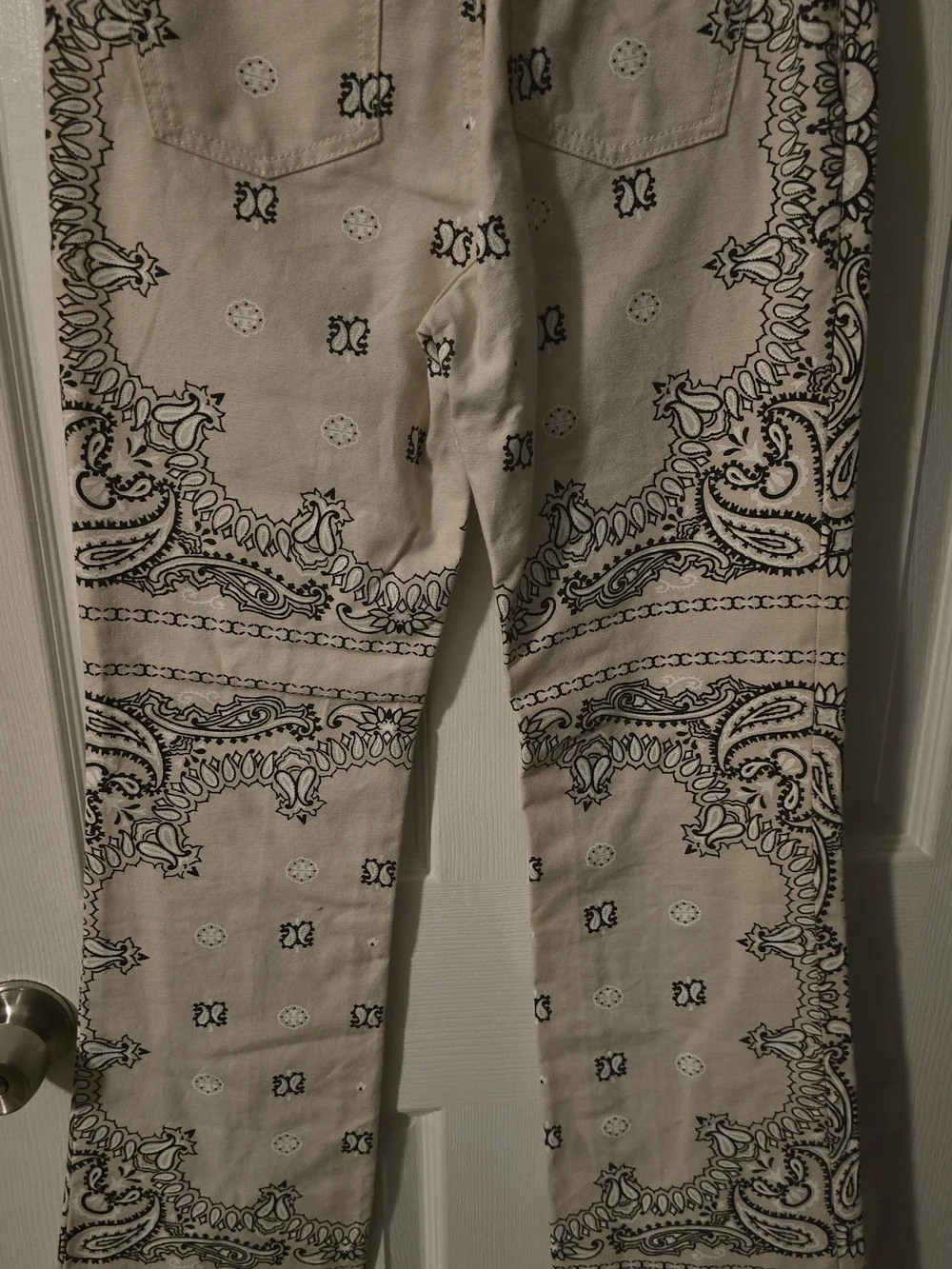 Tory Burch Cream and Black Bandana-Print Boot Cut Jeans